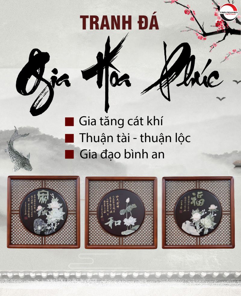 Bức tranh chữ Phúc với hoa mẫu đơn